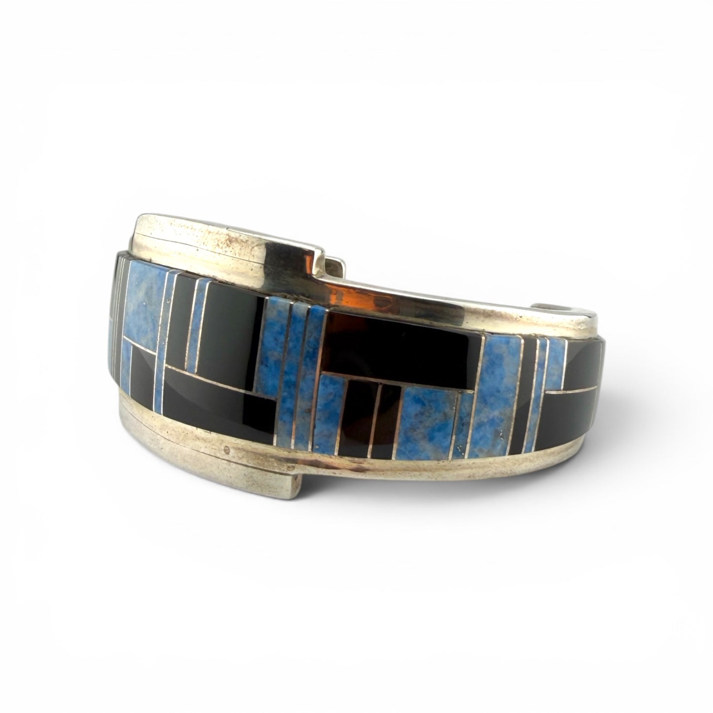 Native American Sterling Silver Blue & Black Inlayed Bracelet