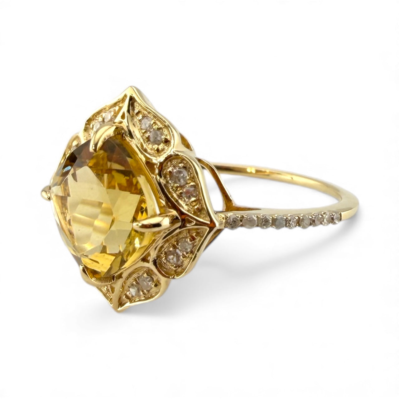 Yellow 10K Cushion Cut Citrine & .15CTW Diamond Ring