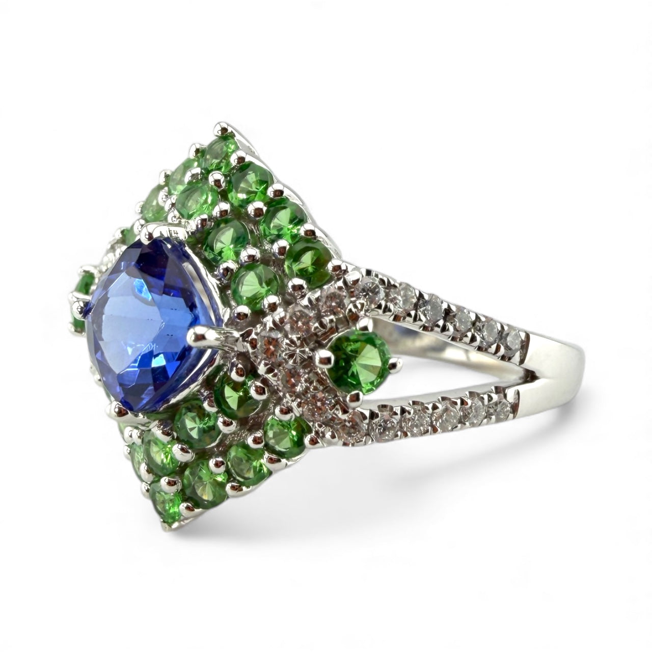 White 14K Tanzanite, Tsavorite, & Diamond Ring