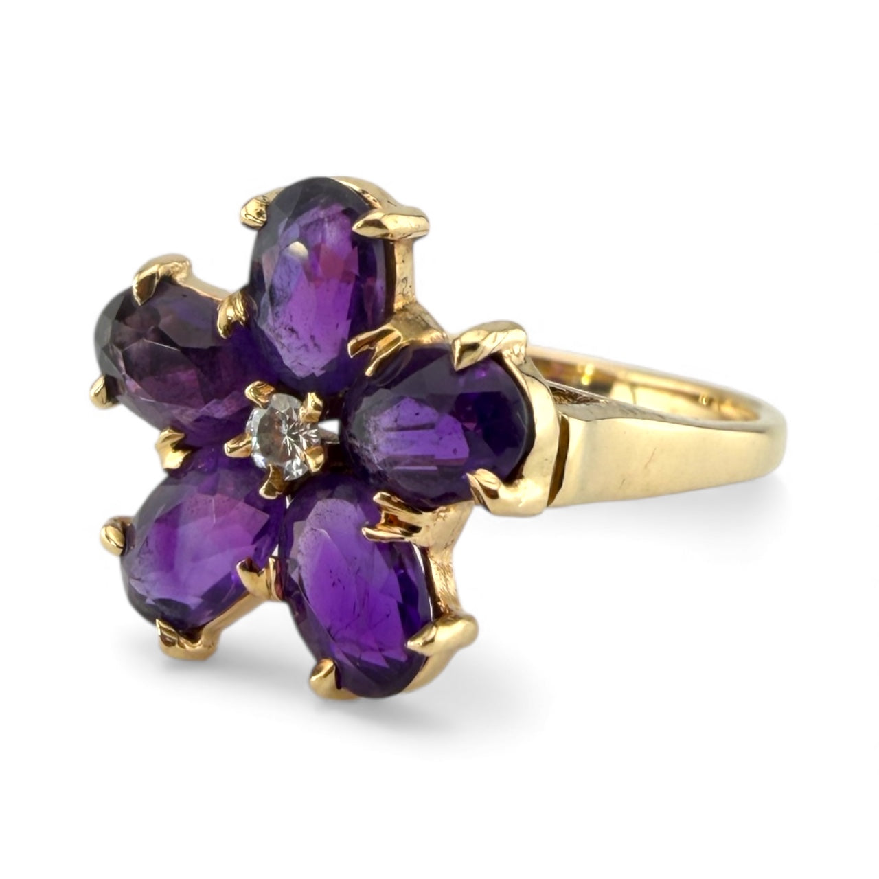 Yellow 14K Amethyst & Diamond Flower Ring