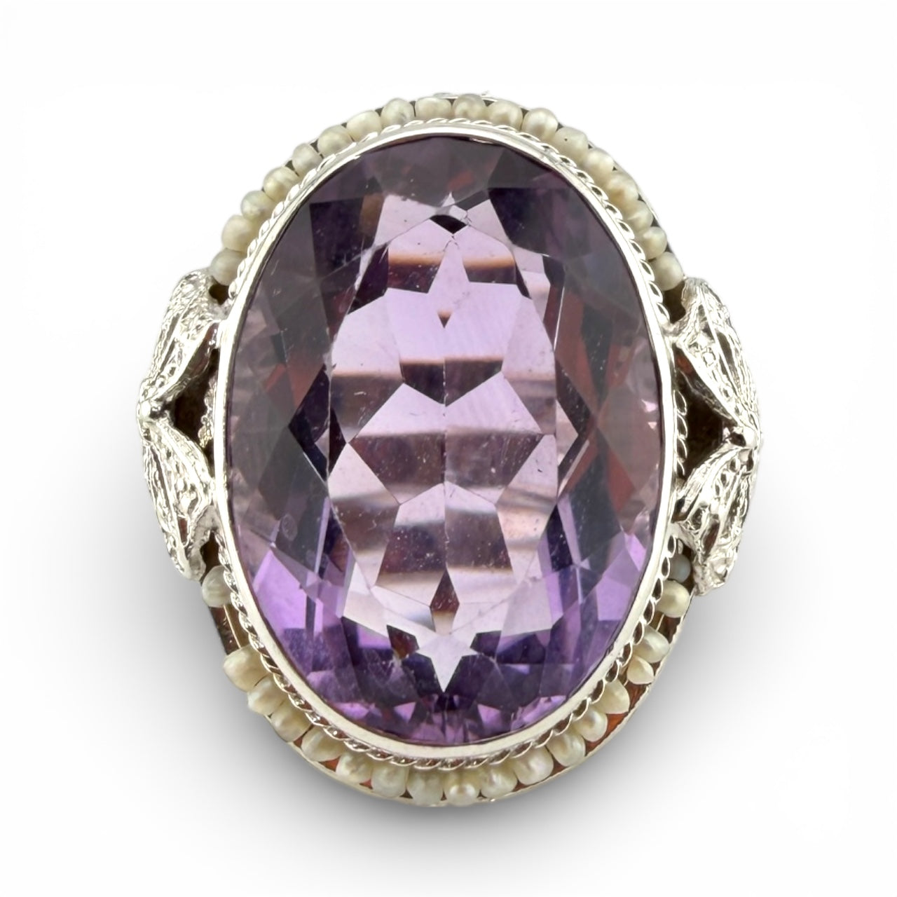 White 14K Vintage Amethyst & Seed Pearl Ring