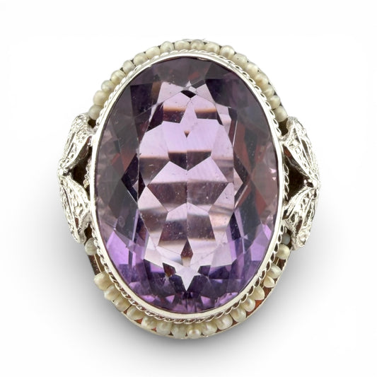 White 14K Vintage Amethyst & Seed Pearl Ring