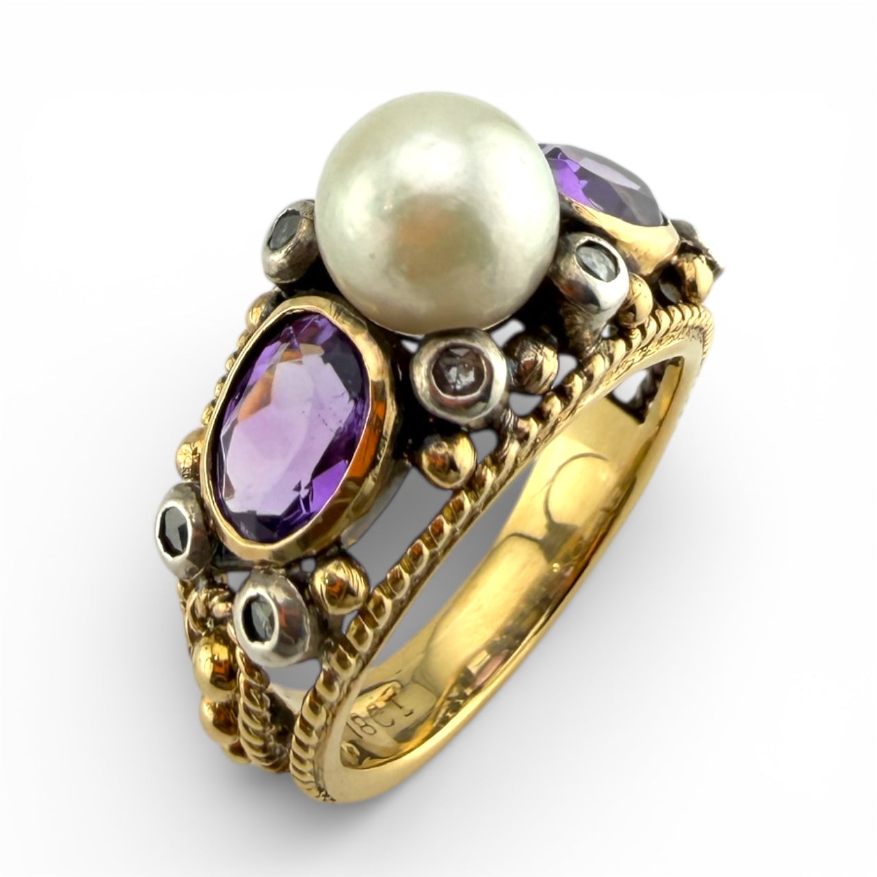 Yellow 18K Pearl w/Amethyst & .08CTW Diamond Ring