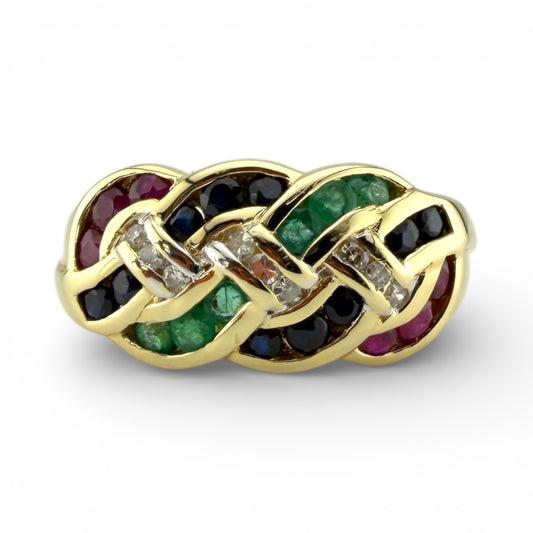 Yellow 14K Diamond, Emerald, Ruby, & Sapphire Ring