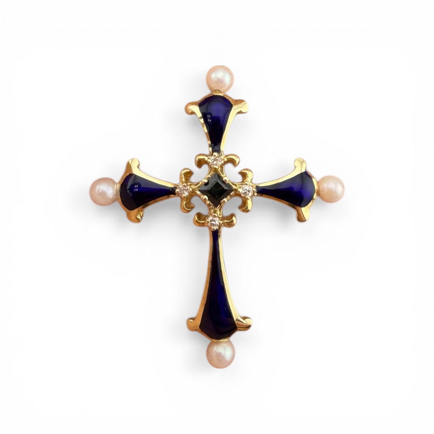 Yellow 14K Blue Enamel w/ Sapphire & Diamonds Cross Pendant