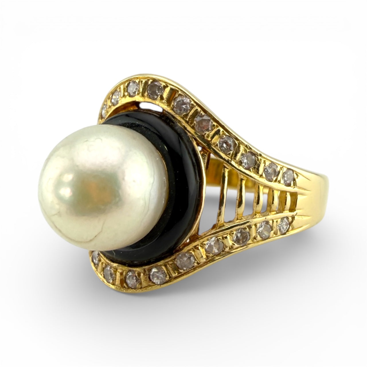 Yellow 14K Pearl, Onyx & Diamond Ring