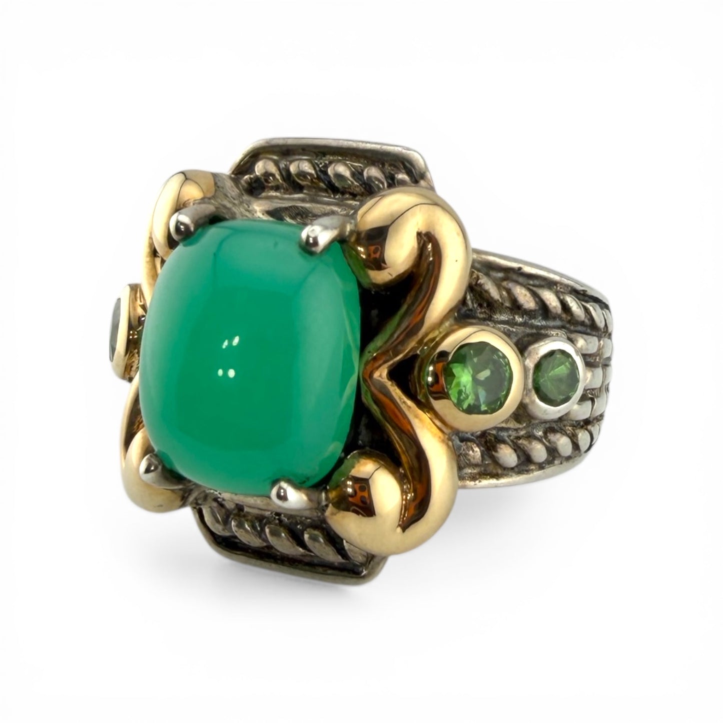 Sterling Silver & Yellow 14K Chrysoprase w/Peridot Ring