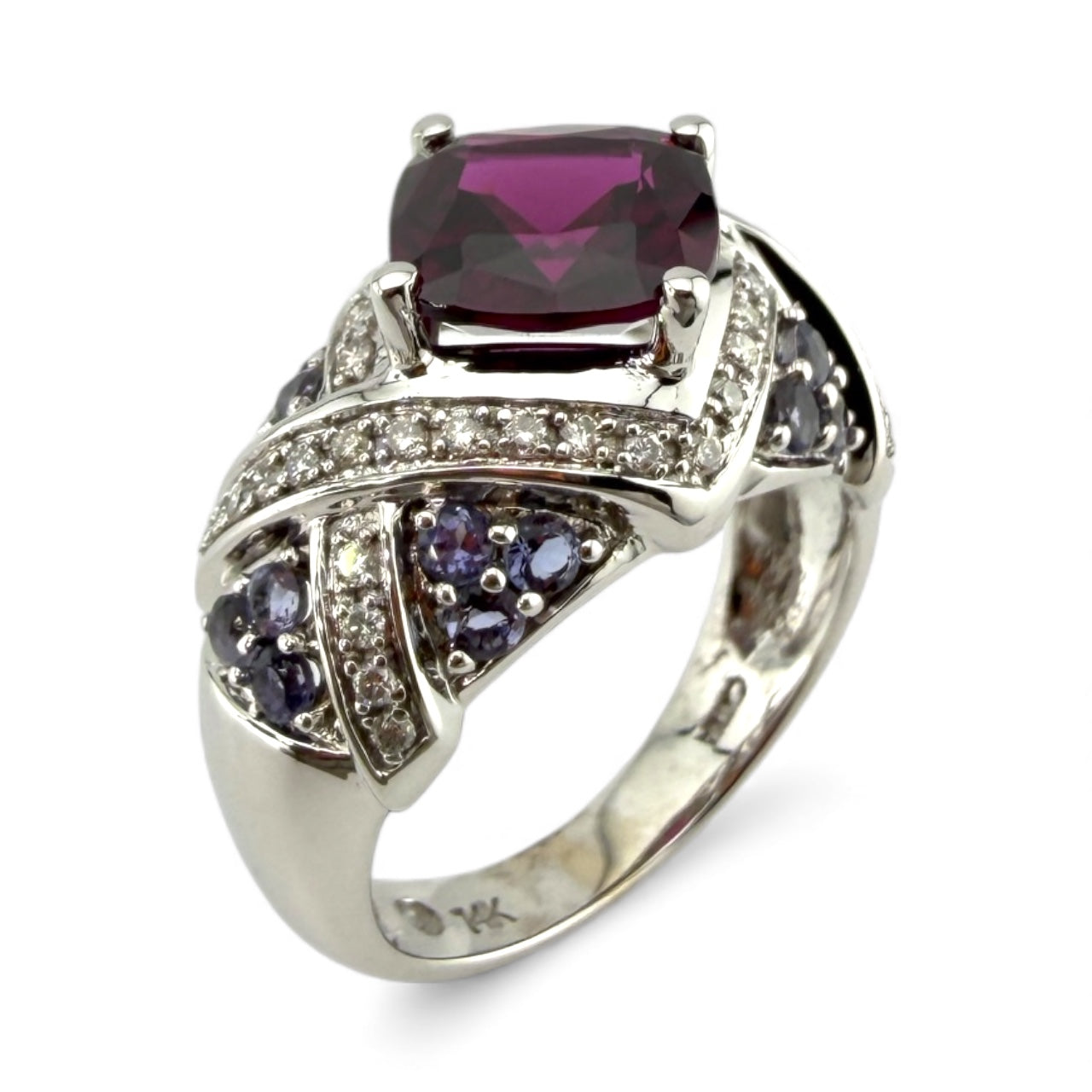 White 14K Garnet, Tanzanite, & Diamond Ring