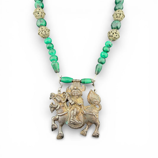 Silver & Malachite Beaded Chinese Qilin Necklace