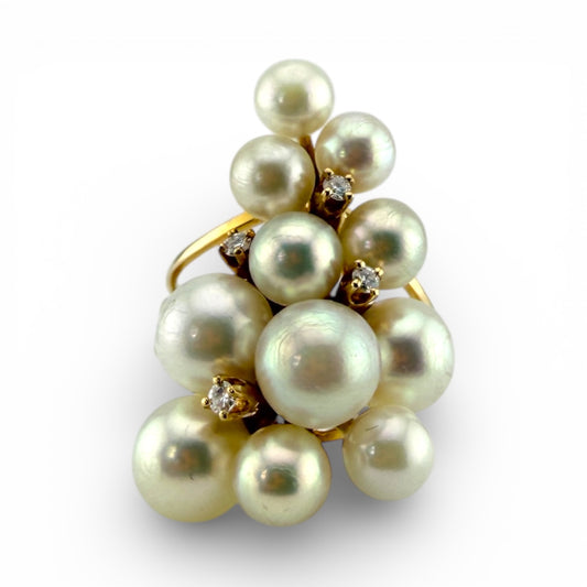Yellow 14K Multi-Pearl & Diamond Ring
