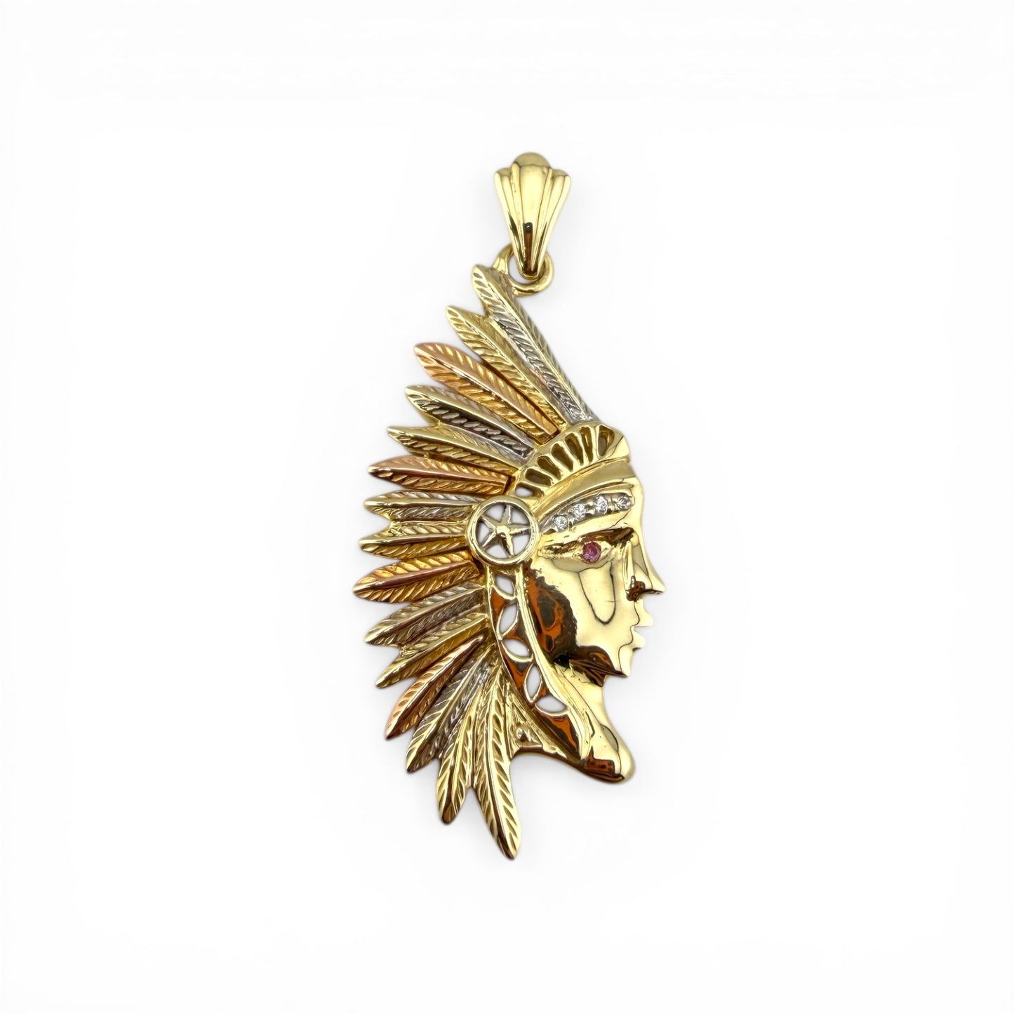 3-Tone 14K Native American Pendant w/Diamonds & Ruby