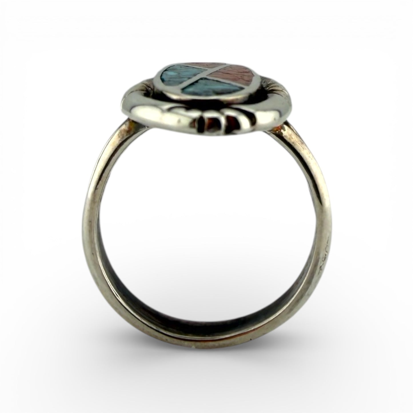 Old Pawn Silver Chipped Turquoise & Coral Ring