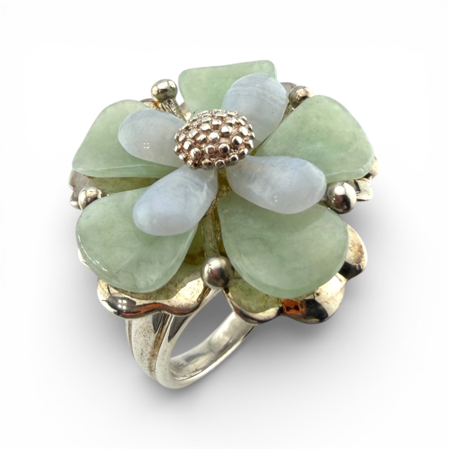 Sterling Silver Jade Flower Ring
