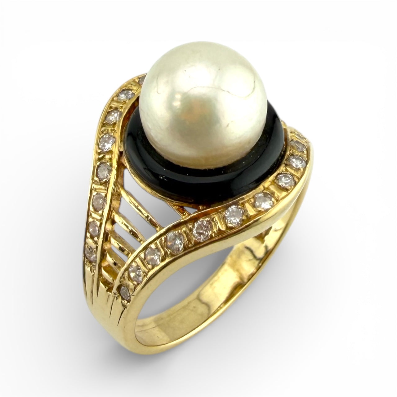 Yellow 14K Pearl, Onyx & Diamond Ring