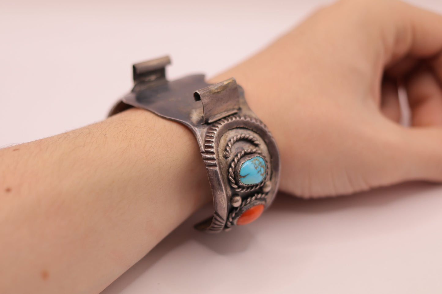 Sterling Silver Turquoise & Coral Watch Cuff