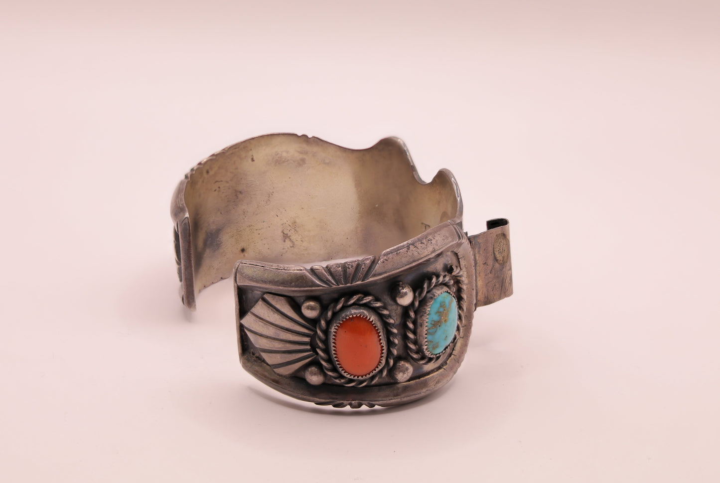 Sterling Silver Turquoise & Coral Watch Cuff