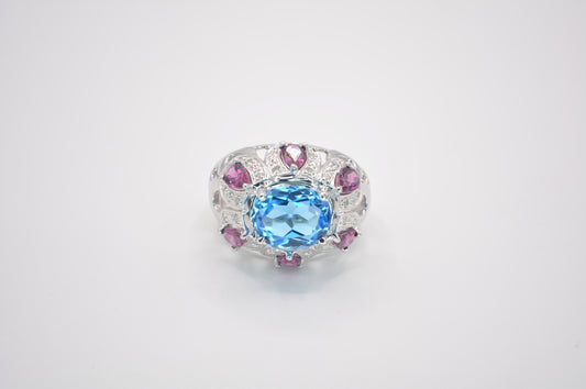 10K Blue Topaz, Amethyst & .15CTW Dia Ring
